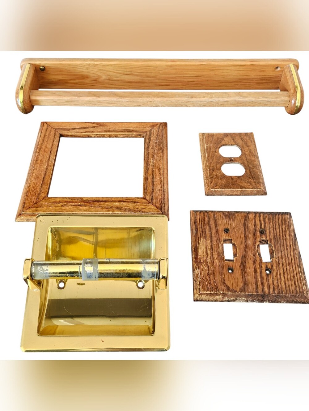 Vintage 1970s Oak & Brass Bathroom Hardware Set Lot